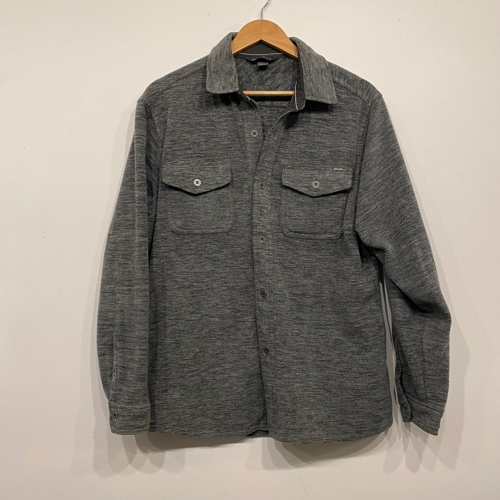 Eddie Bauer Mens Medium Gray Heathered Fleece Button Up Shirt Jacket Shacket